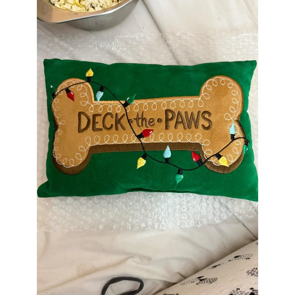 Deck the Paws Christmas Dog Bone Lumbar Pillow Green Velvet Festive Decor 12x8